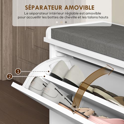 Banc à chaussures blanc 100cm avec meuble de rangement à tiroir rabattable - 5