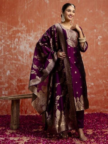 Image of VredeVogel Women's Cotton Silk Blend Zari Work Kurta Pant Set with Jacquard Silk Dupatta | Modern & Traditional Blend Ethnic Wear Set