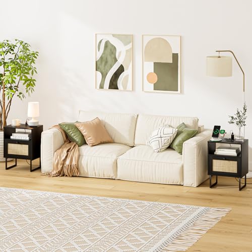 Image of Rattan Nightstand with Charging Station, Mid Century Modern Night Stand,Boho Farmhouse Wood Bedside Table with Storage and Open Shelf, End Side Accent Table for Bedroom,Living Room,Black