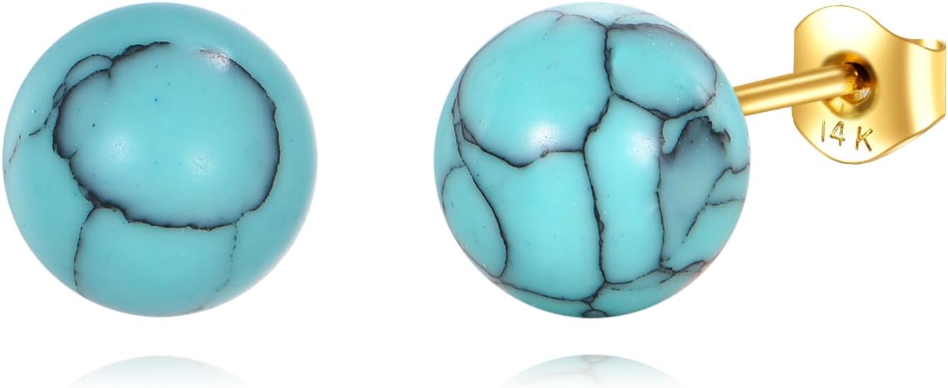 DOVRAN 14k Solid Gold Pearl/Turquoise/Onyx/Jade Stud Earrings for women Gemstone Jewelry Birthday Gift for Wife Mom