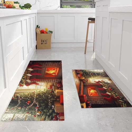Alfombras de cocina marrones y absorbentes con diseño de chimenea navideña 4