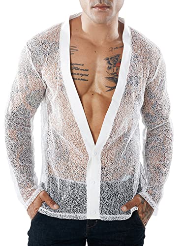 Men's See Through Long Sleeve Deep V Neck Sheer Mesh T Shirt Party Clubwear Top Casual Disco Dance Rave Shirts Button Down Muscle Tshirt B White