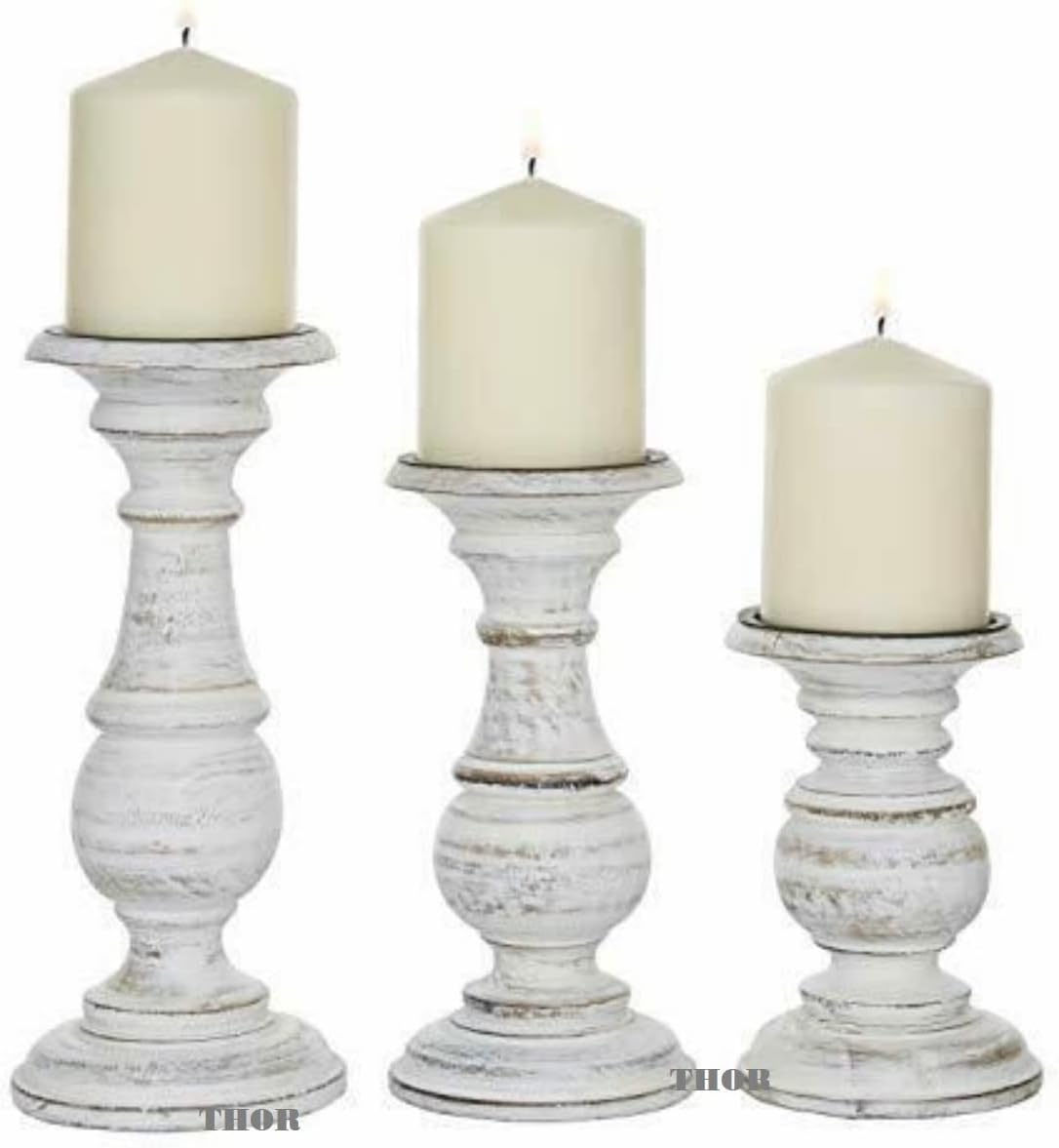 White Pillar Candle Holder Set of 3 - Farmhouse Wood Candle Stand, Mantle Decor Centerpieces for Fireplace, Living or Dining Room Table 6 X 8 X 10 Inch