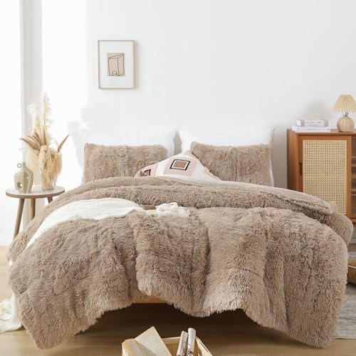 Smoofy Fluffy Twin Comforter Set, Faux Fur Comforter Set, Luxury Fuzzy Twin Bedding Set, Soft Shaggy Bed Set for All Season, 2 Pieces - 1 Comforter & 1 Pillowcase, Khaki