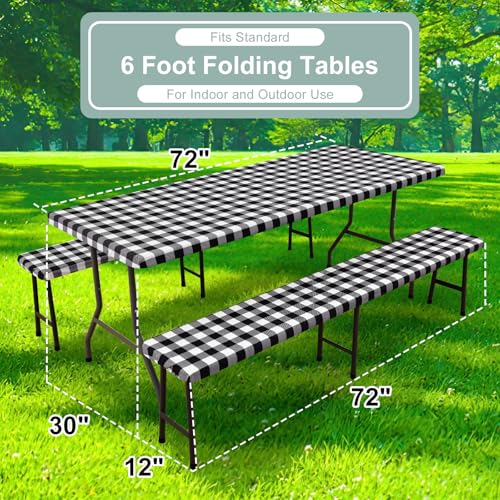 Image of misaya Picnic Table Cover with Bench Cover, Waterproof Elastic Fitted Tablecloth for 6 Foot Tables, Rectangle Washable Polyester Fabric Tablecloths for Picnic, Camping(Black and White, 30 inch x 72 inch)