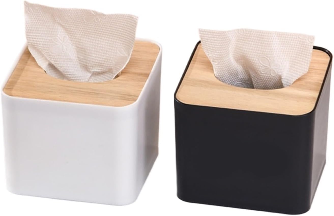 Plastic Tissue Box Wooden Lid Square Napkin Holder Container Dispenser Case Modern Home Car Organizer(2 PCS)