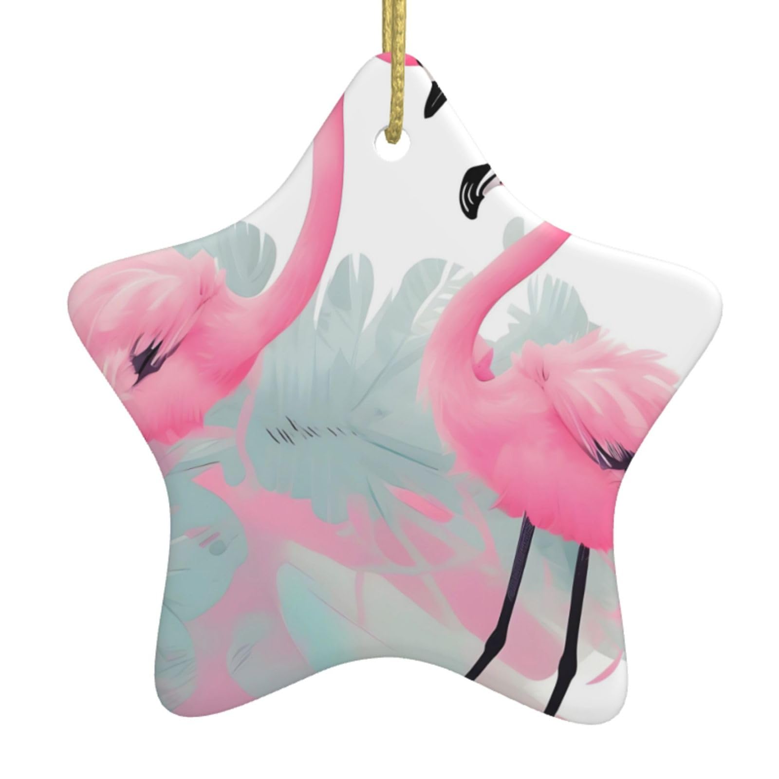 Pink Flamingo Christmas Ceramic Star Pendant with Punched Holes and Gold Wire Rope, Christmas Tree Home Decoration