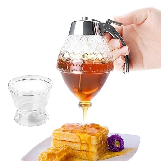 Luxansa Honey Dispenser No Drip Glass, Honey Container Glass Syrup Dispenser Beautiful Shaped Honey Pot Olive Oil Dispenser Bottle Glass Honey Jar with Stand Great Decor Honey Containers