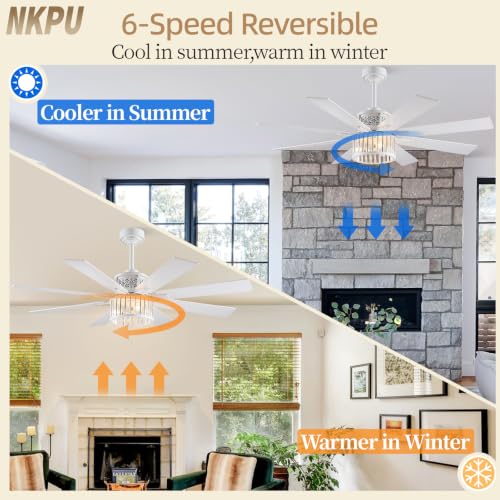 Image of NKPU 52 inch Farmhouse Crystal Ceiling Fans with Lights and Remote, Chandelier Industrial Ceiling Fan with Dual 8 Blades, 6 Speed Reversible Motor, Timing, White Ceiling Fan for Living room, Bedroom