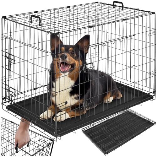 tectake® Trasportino Cane Auto, Box per Cani Spazioso, Trasportino Cani con Griglia in Acciaio, Pieghevole con 2 Porte, Doppia Chiusura, Vasca Rimovibile - 91,5x59,5x64cm