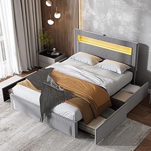 Cama Tapizada con Cajones, LED, USB, Terciopelo, Cabecero Alto, 140 * 200cm (Gris) Cover