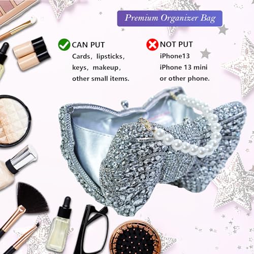 Image of Handmade Inlay Rhinestone Bow Clutch Bag for Women, Sparkling Evening Party Wedding Purse with Detachable Pearl Chain