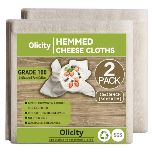 Olicity Cheesecloth, Grade 100, 20x20Inch Hemmed Cheese Cloths Reusable, 100% Unbleached Strainer Muslin Cloth for Cooking, Straining, Jelly Making - 2 Pieces