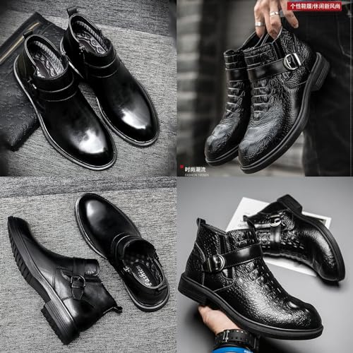 Men's Print Genuine Leather Boots,Fall Winter High Height Bukle Strap Formal Business Chunky Ankle Booties3