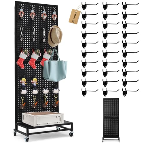 Eastern Tree Metal Pegboard Display Stand 2'x 5'with Base Plate, Pegboard Panels Display with Wheels, Peg Board Display Rack, Standing Pegboard Display with 30 Hooks - Black