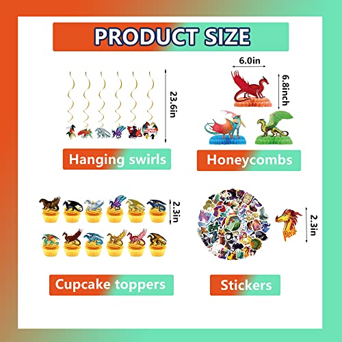 Fire Dragon Birthday Decorations, Dragon Party Supplies Include Banner, Cake Topper, Cupcake Toppers, Stickers, Balloons, Honeycombs, Hanging Swirls, Dragon Theme Party Favor For Boys #TOP4