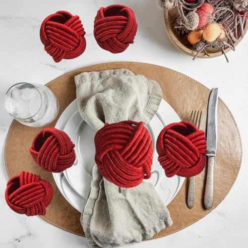 Image of Handmade Thread Napkin Ring Holder Set (Red) - Pack of 8