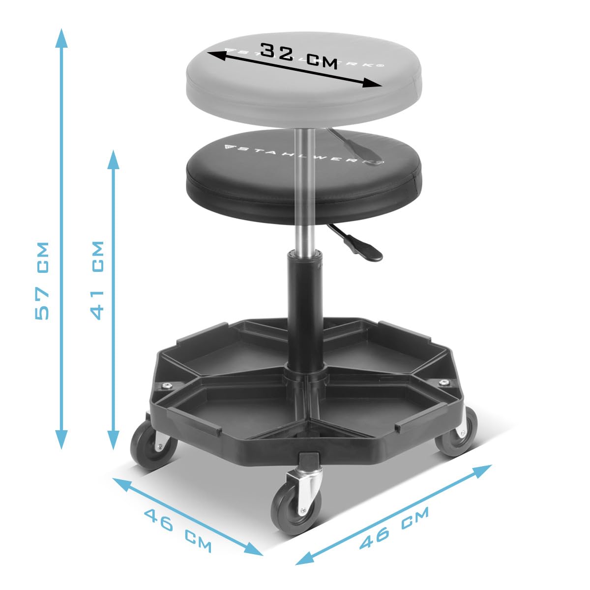 STAHLWERK Taburete de Taller WRH-57 ST con Capacidad de Carga de 120 kg Asiento de Taller | Silla de Taller | Taburete rodante | Taburete de Trabajo | Asiento con Ruedas para Taller con Ruedas de