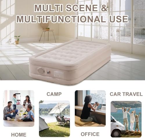 Image of Air Mattress with Built in Pump - Twin Size Double-High Inflatable Mattress with Flocked Top - Easy Inflate, Waterproof, Portable Blow Up Bed for Camping & Travel