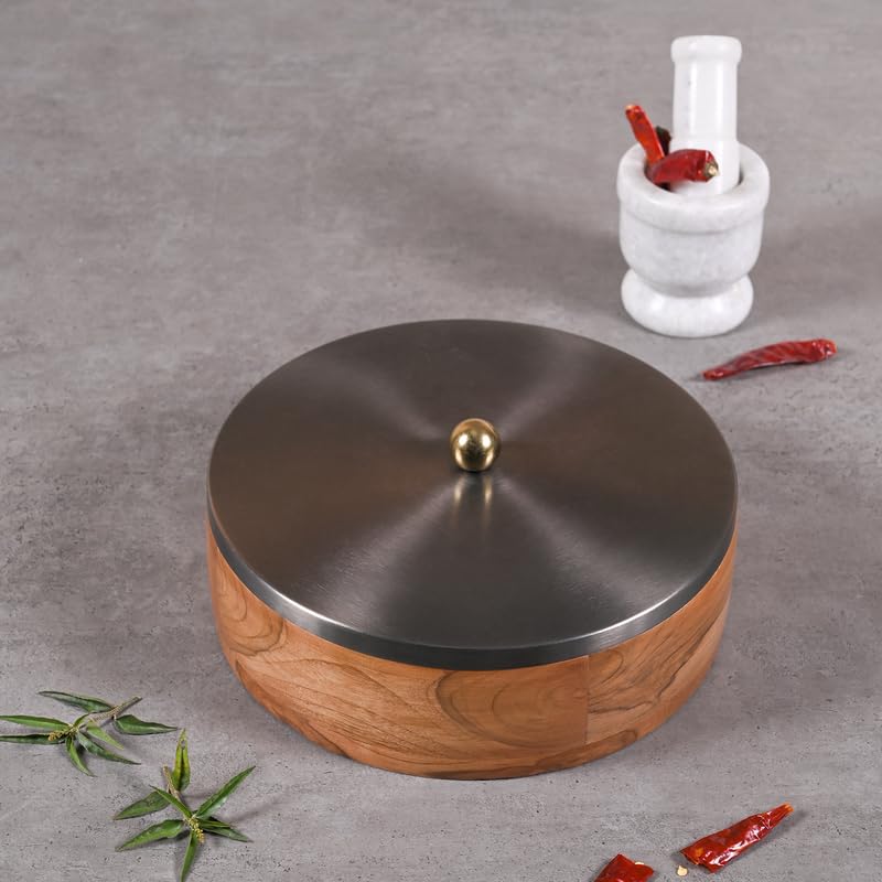 Image of Wooden Masala Box for Kitchen - 7 Stainless Steel Jars with Wooden Spoon | Stainless Steel Brass Lid with Knob | Multipurpose Dry Fruit & Spice Storage - GunMetal (Plane)