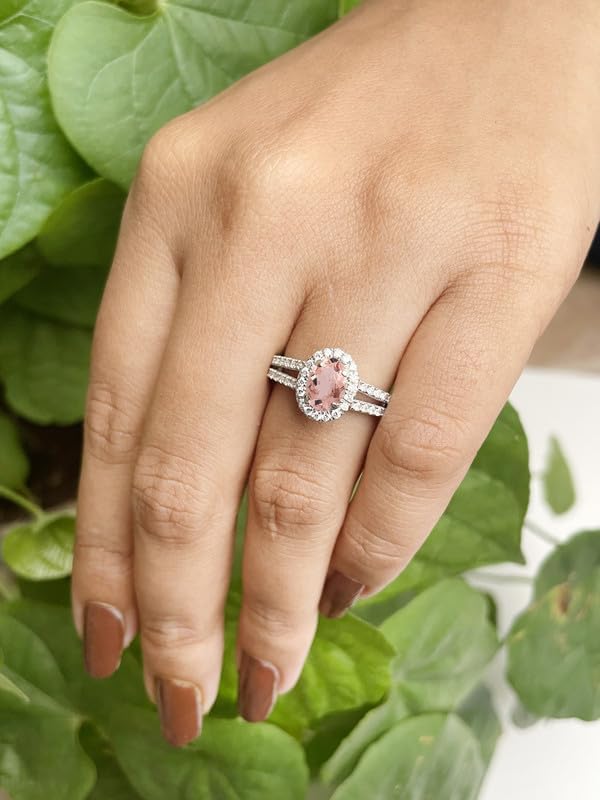 1.00 Carat Oval Cut Morganite & White Diamond Split Shank Halo Engagement Ring For Women, 14K Gold Plated 925 Silver September Birthstone Diamond Bridal Side Stone Ring