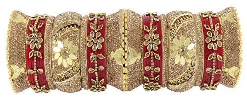 Image of NMII Traditional Gold Plated Acrylic Bangles Bridal Chuda Set For Women & Girls with Zircon Diamond & Pearls Beads Work | Royal Wedding Chudas | Premium Look | Bangles For Wedding, Festive, Function