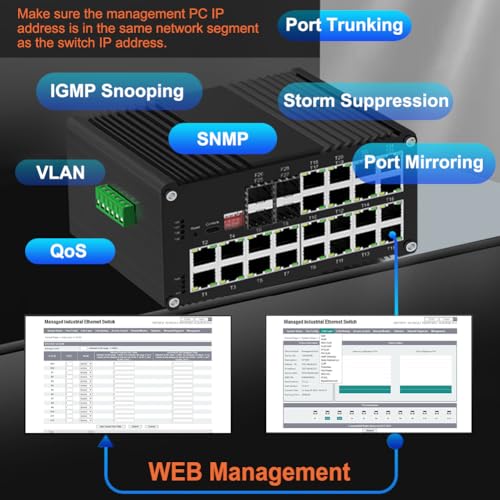 Image of Industrial 24 Ports L2 Managed Gigabit PoE Fiber Switch with 4 1000Base-X SFP Slots Layer 2+ Web Management Din Rail Network Switch 802.3at 30W Support QOS, VLAN, Ring Network, IGMP 48-57V DC Input