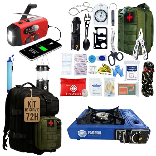 Kit de Survie Complet UE 2026, Sac à Dos de préparation d’Urgence 72 Heures, équipement Essentiel avec Radio Solaire, éclairage, paracorde et Couverture Thermique