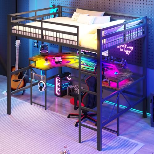 Huayz Cama alta de 140 x 200 cm con barra de luz LED, cuna con puerto USB + conector tipo C, litera con escritorio y pared perforada, marco de hierro, sin colchón (negro, 140 x 200 cm)