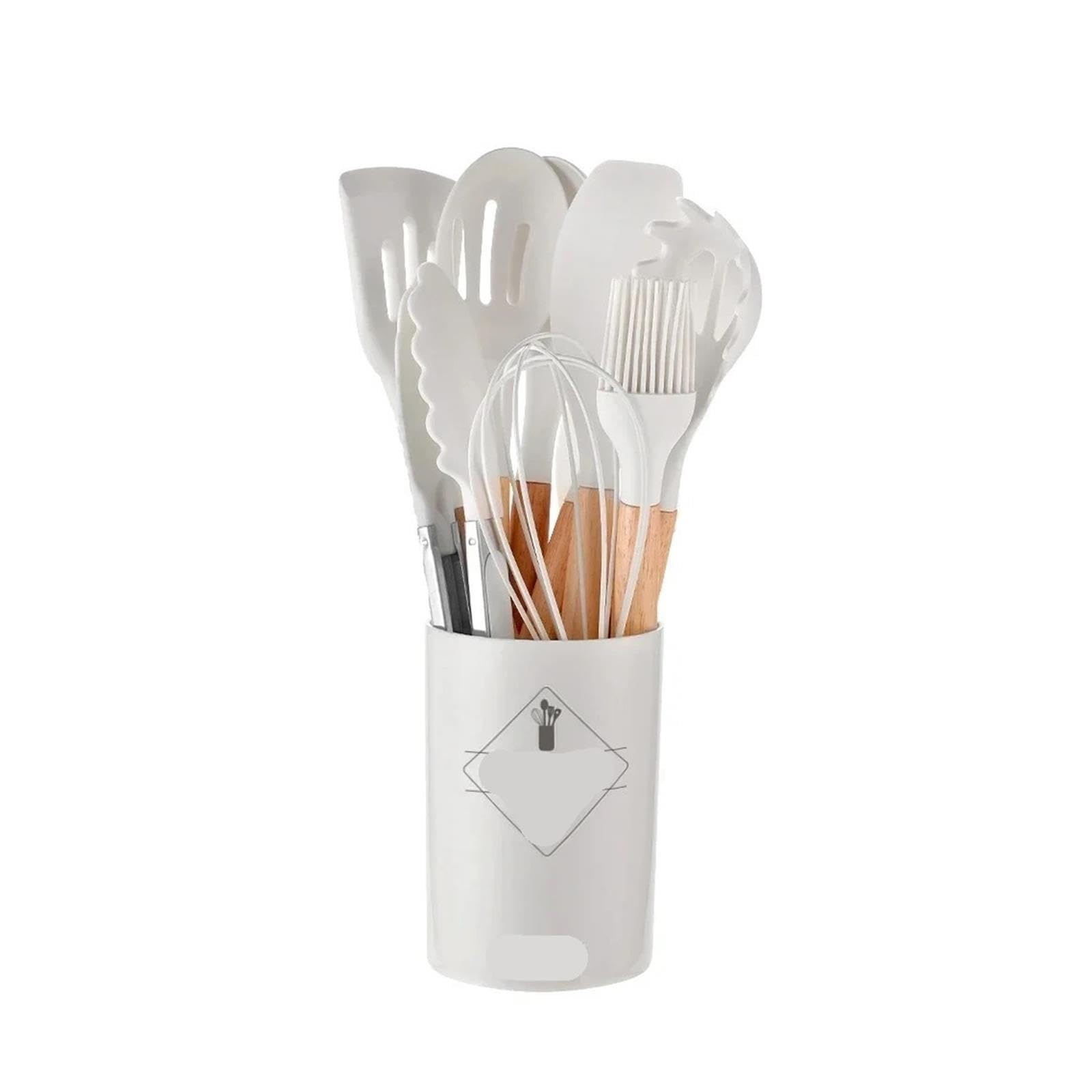 Juego de 12 utensilios cocina silicona con mango madera, antiadherentes, espátula, pala, batidores huevos(White 12Pcs)
