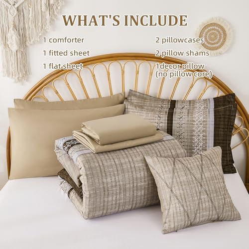 Image of Dintszyayue Brown Comforter Set Queen Size, 8 Pieces Boho Striped Bed in a Bag Soft Microfiber Bedding Set for All Season