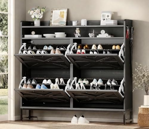 DWVO Rustic Oak 4-Tier Flip Shoe Storage Cabinet – Stylish Organizer for 24 Pairs with Metal Legs, Entryway, Living Room, and Hallway (Dark Rustic Oak)