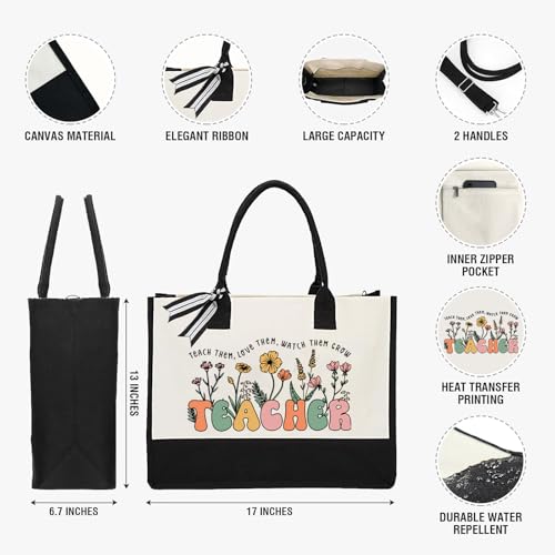 Image of XIKAINUO Teacher Appreciation Gifts for Women, Best Teacher Canvas Tote Bags With Zipper for Women Birthday Graduation Valentines Day Christmas Gift, Unique Gifts Ideas from Students