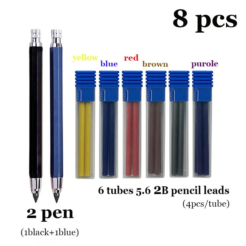 Druckbleistifte aus Metall mit Bleistiftminen, 5,6 mm, Graphit-Bleistift, Mine, Druckbleistift für Ingenieurwesen, Markieren, Skizzieren, Zeichnen, Architekturbau (schwarz und blau), 8 Stück