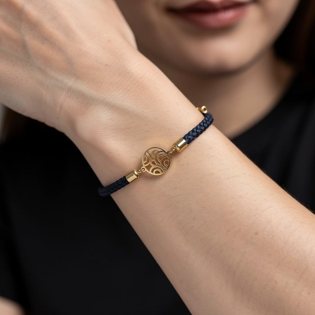 Bracciale Donna – oro 18 carati – 0.31 g – motivo rotondo onde del mare, cordino blu marino, ispirato all’oceano – Idea regalo – Punzone 750 – Certificato di autenticità