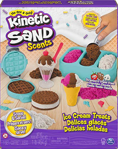 Geurend Kinetic Sand, speelset IJstraktaties met 3 kleuren natuurlijk geurend zand en 6 stuks serveergereedschap