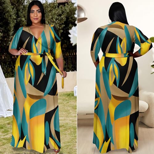 Image of Runwind Plus Size Dresses for Women Floral Maxi Dress Flowy 3 /4 Sleeve with Belt