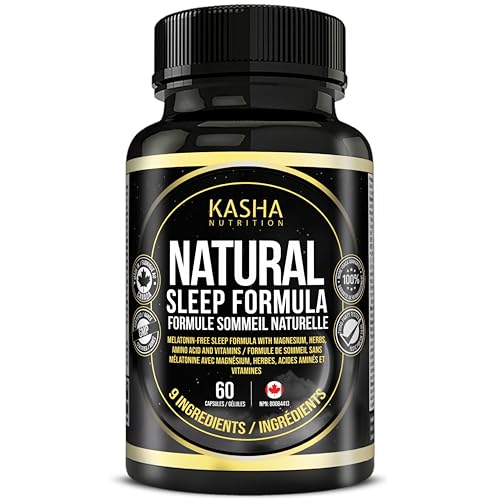 KASHA Nutrition Natural Sleep Aid – Magnesium Glycinate, Magnesium Taurate, Valerian Root, Passion Flower, and Lemon Balm. Zero Melatonin | Zero Drugs | Non-Habit Forming | Maintains Effectiveness over Long-Term | Appropriate for Daily Use. Formula Also Contains Chamomile, Hops, and Vitamin B6. Proudly made in Canada. 60 Sleeping Pills (Veggie Capsules).
