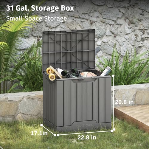 Image of EAST OAK Outdoor Storage Box | 31 Gallon Deck Box Indoor and Outdoor Use | Waterproof Resin Storage Bin with Latch for Patio Cushions, Gardening Tools | UV Resistant | Deep Grey