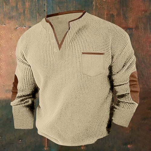 Men's Quilted Sweatshirt Waffle Stand Collar Button Pullover Sweatshirts Casual Long Sleeve Polo Sweater 7