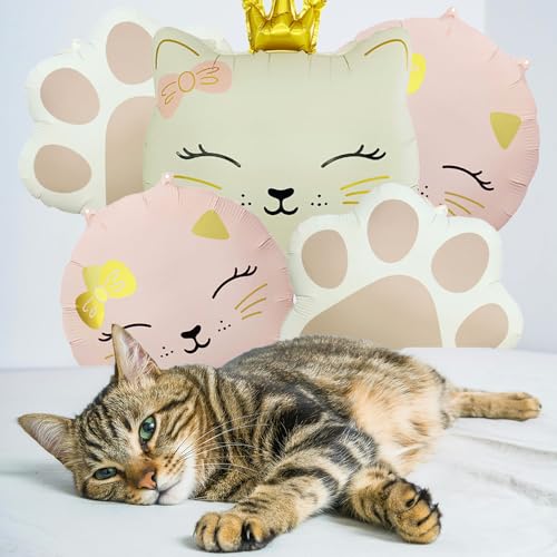 Image of 5Pcs Cat Head Foil Balloon | Cute Crown Kitten,Kitty Paw,Birthday Party Supplies(Cream White,Pink)