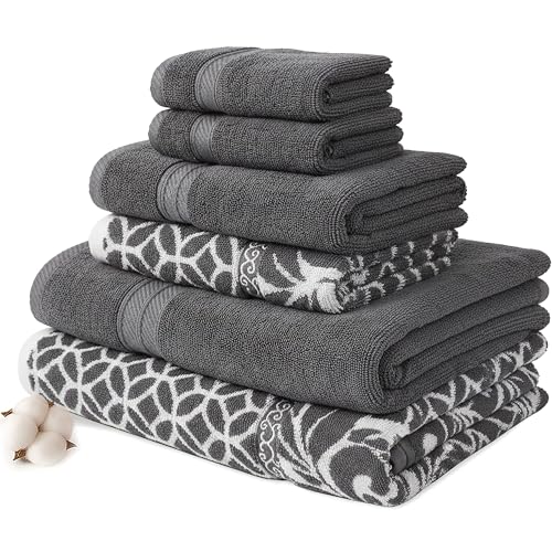 Modern Threads Trefoil Filigree 6-Piece 100% Cotton Towel Set – Reversible Yarn Dyed Jacquard – Includes 2 Bath Towels, 2 Hand Towels, 2 Washcloths – Absorbent, Quick Dry, Soft & Durable – Dark Gray