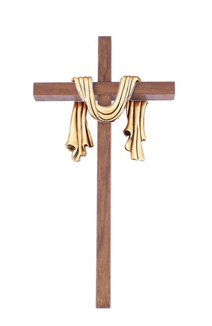 Walnut Wood Cross Adorned with Gold Toned Holy Shroud Robe, 10 Inch