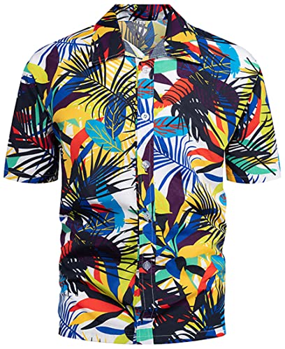 PADOLA Camisa Hawaiana Hombre Manga Corta con Botones Camisas Tropicales Vacaciones Casual Top(Hoja Amarilla,XXL)