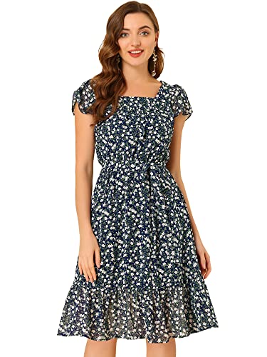Allegra K Floral Midi Dresses For Women's Belted Flutter Chiffon Ruffle Hem Dress Large Navy Blue #TOP22