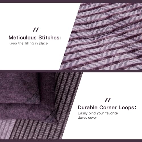 Litanika Purple Queen Comforter Set, 3 Pieces Striped Bedding Set, Lightweight Soft All Season Down Alternative Comforter Set (1 Gray&Purple Comforter, 2 Pillowcases)