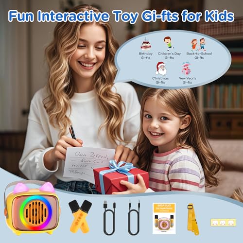 Kid's Karaoke Machine with Bluetooth Speaker, 2 Wireless Microphones, and LED Lights: Ideal Gifts for Birthdays and Parties
