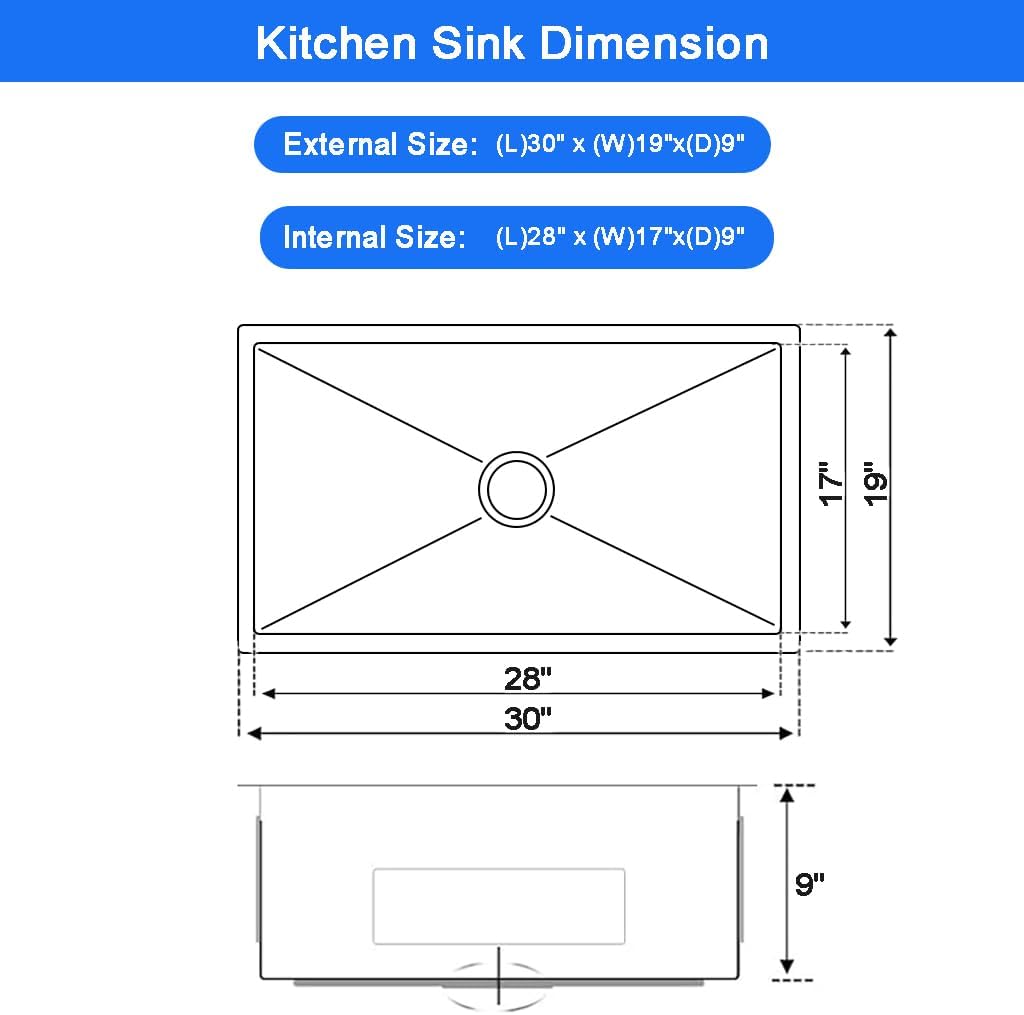 30 x 19 Inch Undermount Kitchen Bar Sink, Handmade Single Bowl 304 Stainless Steel Wet RV Sinks, Indoor and Outdoor Deep Kitchen Laundry Basin with Accessories