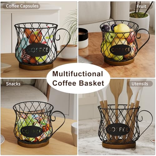 Image of YINMIT K Cup Holder Organizer, Rustic Coffee Pod Holder Organizer, 35 Kcup Holder for Counter with Handle,Large Capacity Black Wire Coffee Capsule Basket for Kitchen Office Desktop (Circular Grid)