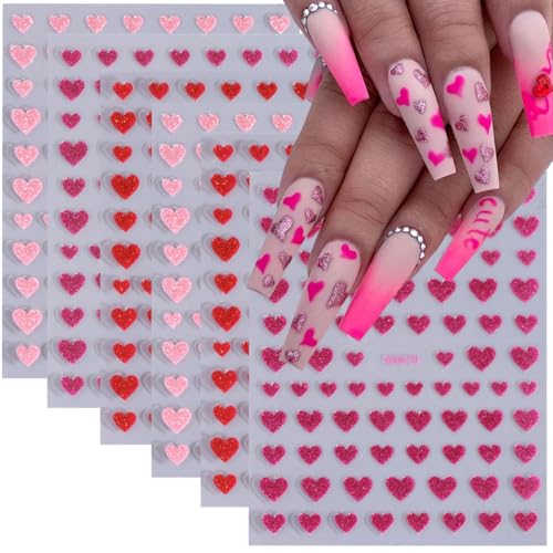 Heart Nail Art Stickers Valentine’s Day Heart Nail Decals 6PCS Red Pink Shining Love Heart 3D Self-Adhesive Valentines Nail Art Decorations Supplies Heart Nail Stickers for Nail Art Manicure Design
